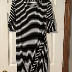 Loveappella Black and White Striped Midi Dress